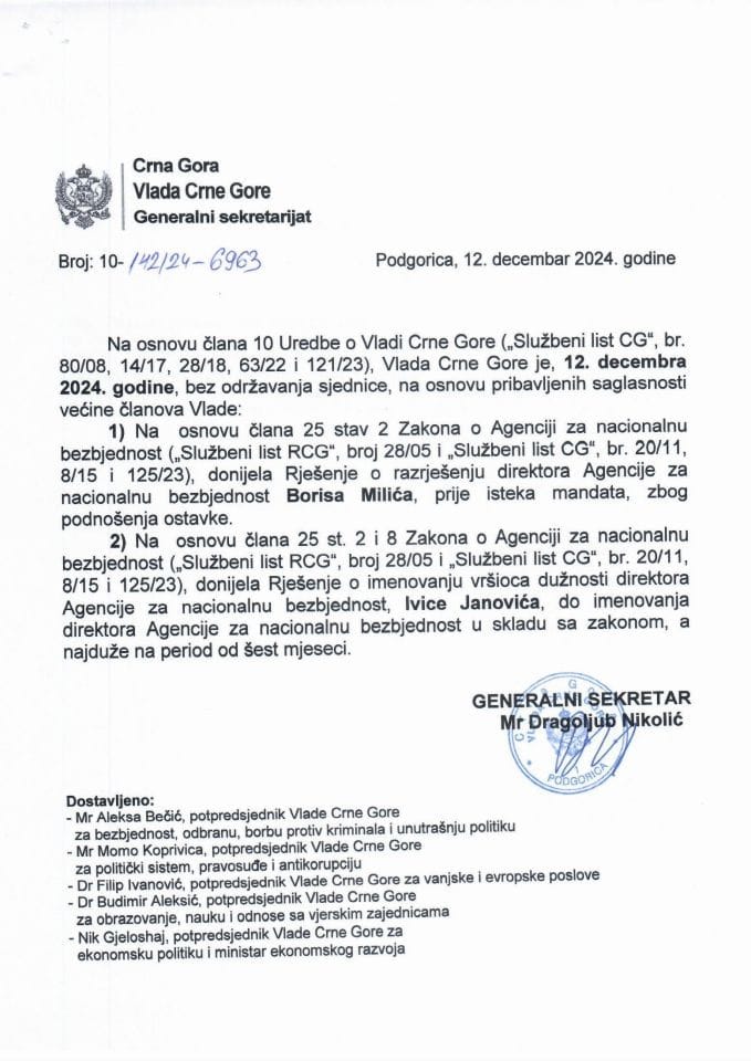 Kadrovska pitana sa telefonske sjednice Vlade od 12. decembra 2024. godine - zaključci