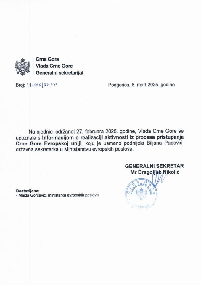 Usmena informacija o realizaciji aktivnosti iz procesa pristupanja Crne Gore Evropskoj uniji - zaključci