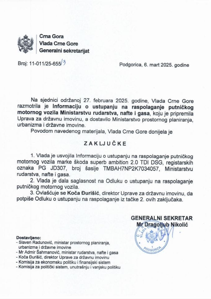 Informacija o ustupanju na raspolaganje putničkog motornog vozila Ministarstvu rudarstva, nafte i gasa - zaključci