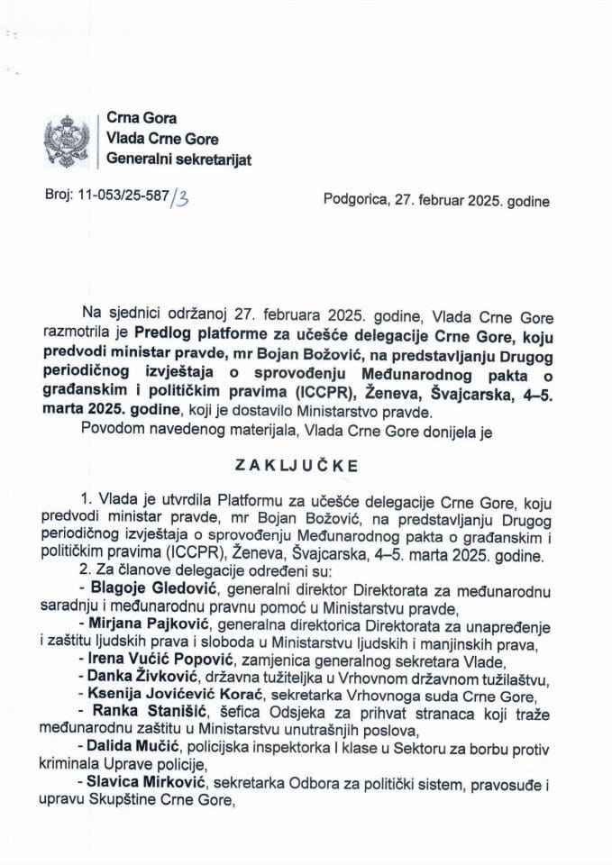 Predlog platforme za učešće delegacije Crne Gore koju predvodi ministar pravde mr Bojan Božović na predstavljanju Drugog periodičnog izvještaja o sprovođenju Međunarodnog pakta o građanskim i političkim pravima - zaključci