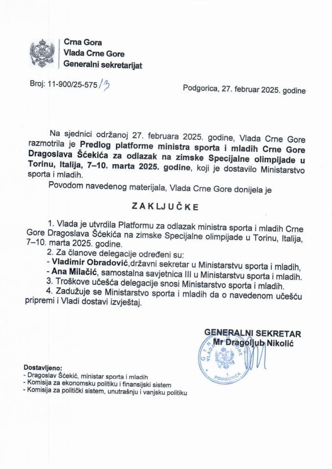 Predlog platforme za odlazak ministra sporta i mladih Crne Gore, Dragoslava Šćekića, na Zimske igre Specijalne olimpijade u Torinu, Italija, 7 - 10. marta 2025. godine - zaključci
