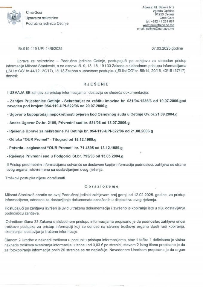 Rješenje o slobodnom pristupu informacijama - 14.03.2025.