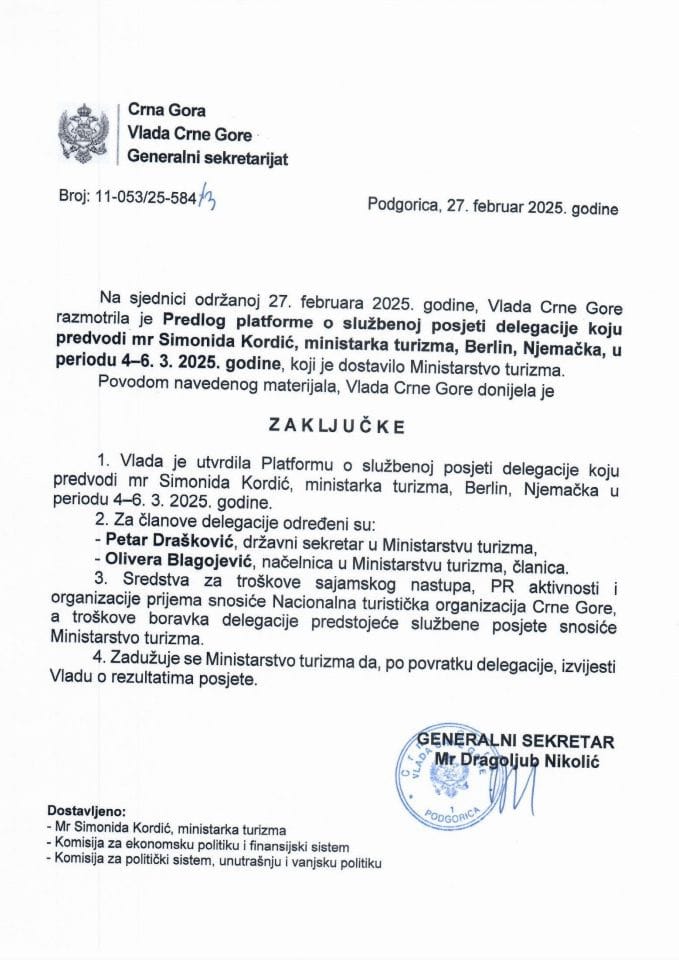 Предлог платформе о службеној посјети делегације, коју предводи мр Симонида Кордић, министарка туризма, Берлину, Њемачка, у периоду од 4. до 6. 3. 2025. године - закључци