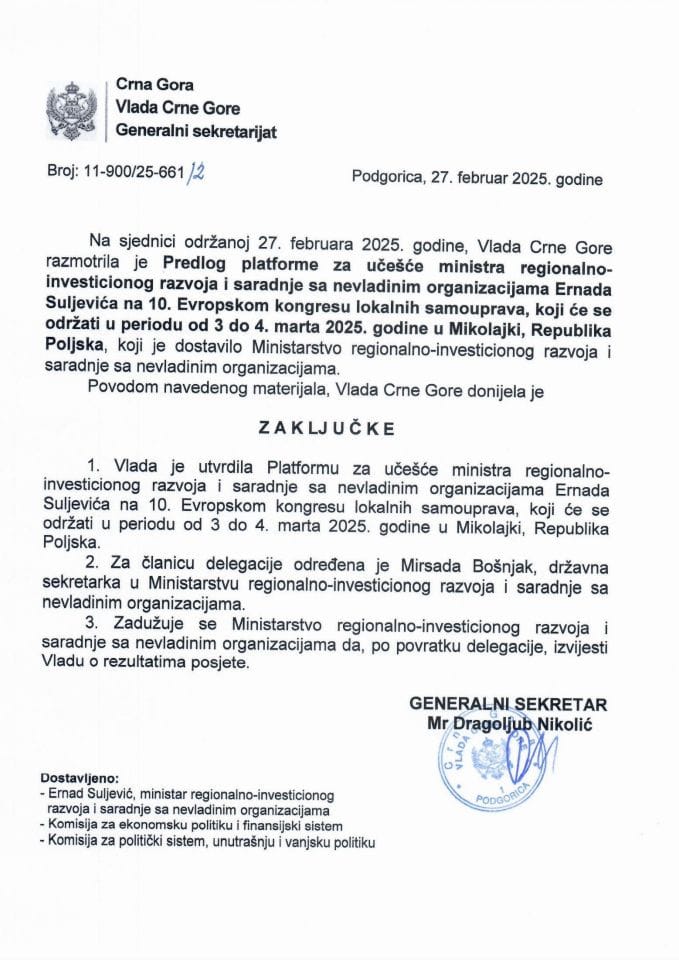 Predlog platforme za učešće ministra regionalno-investicionog razvoja i saradnje sa nevladinim organizacijama, Ernada Suljevića, na 10. Evropskom kongresu lokalnih samouprava, koji će se održati u periodu od 3. do 4. marta 2025. - zaključci
