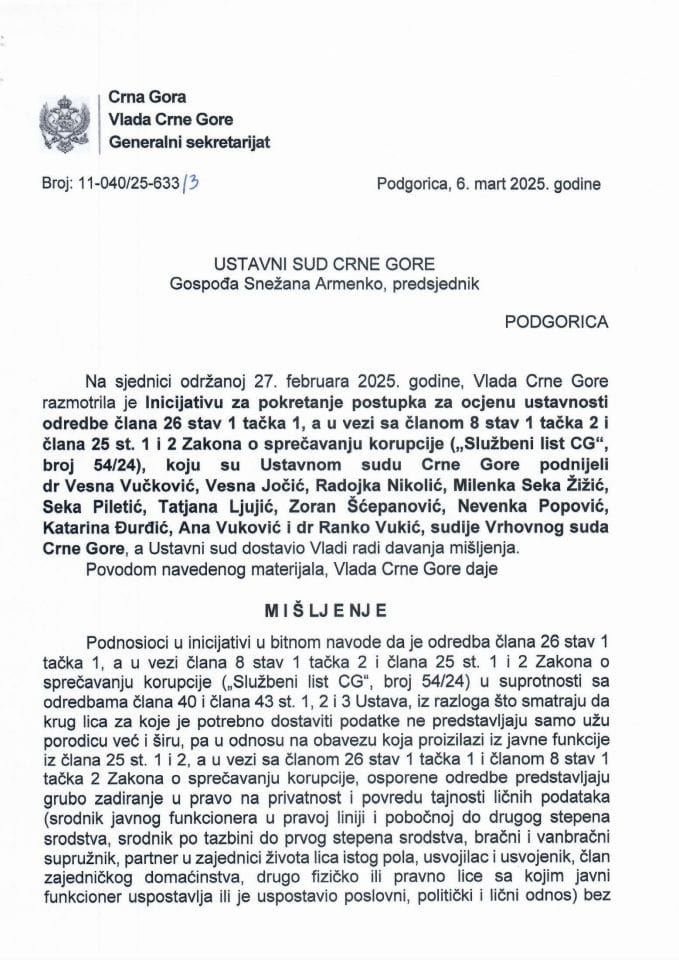 Predlog mišljenja na Inicijativu za pokretanje postupka za ocjenu ustavnosti odredbe člana 26 stav 1 tačka 1, a u vezi člana 8 stav 1 tačka 2 i člana 25 st. 1 i 2 Zakona o sprečavanju korupcije - zaključci