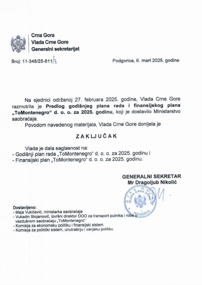 Predlog godišnjeg plana rada i finansijskog plana „ToMontenegro“ d.o.o. za 2025. godinu - zaključci