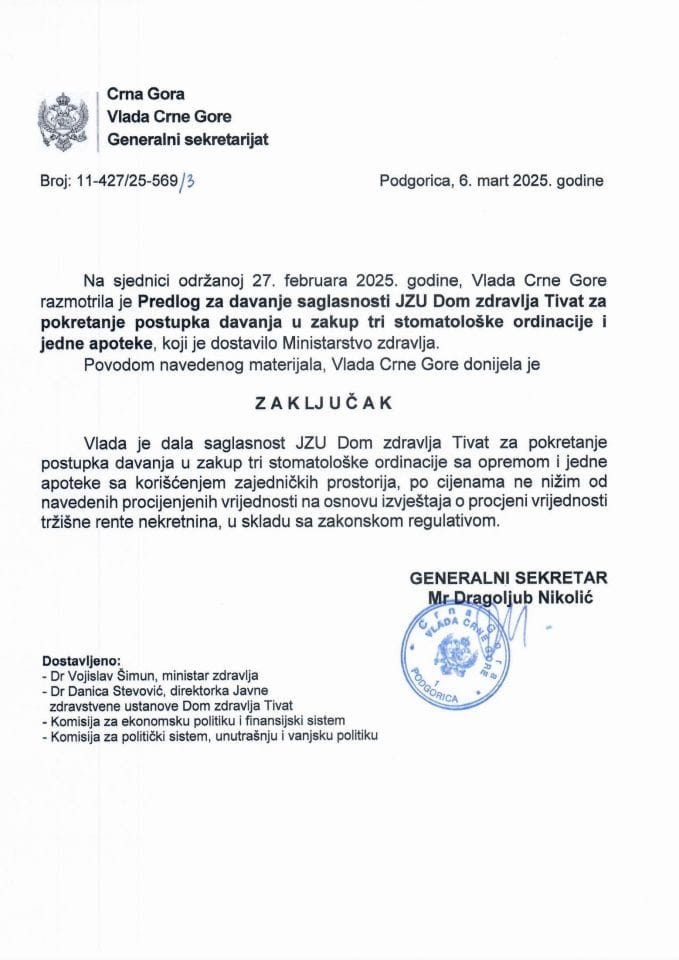 Predlog za davanje saglasnosti JZU Dom zdravlja Tivat za pokretanje postupka davanja u zakup tri stomatološke ordinacije i jedne apoteke - zaključci