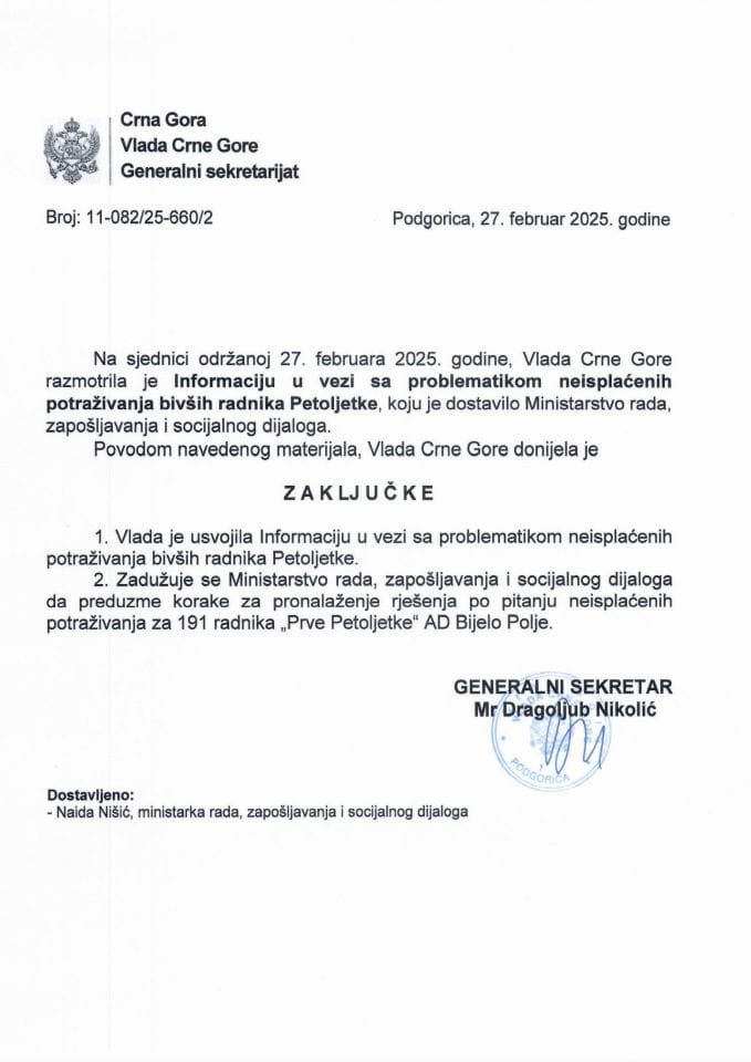 Informacija u vezi sa problematikom neisplaćenih potraživanja bivših radnika Petoljetke - zaključci