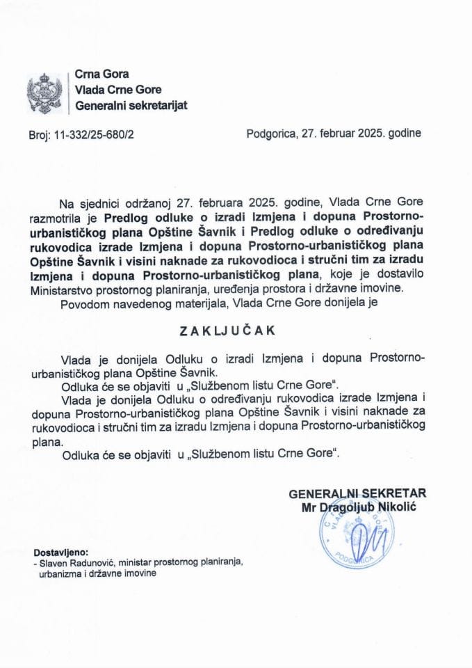 Predlog odluke o izradi Izmjena i dopuna Prostorno-urbanističkog plana Opštine Šavnik i Predlog odluke o određivanju rukovodica izrade Izmjena i dopuna Prostorno-urbanističkog plana Opštine Šavnik - zaključci