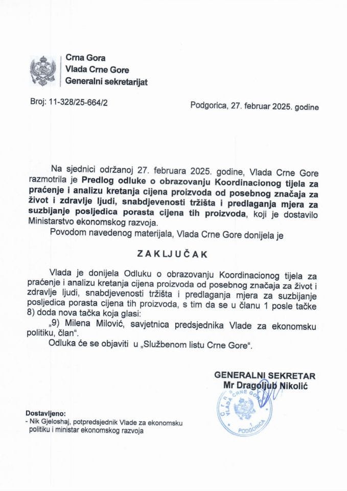 Предлог одлуке о образовању Координационог тијела за праћење и анализу кретања цијена производа од посебног значаја за живот и здравље људи, снабдјевености тржишта и предлагања мјера за сузбијање посљедица пораста цијена тих производа - закључци