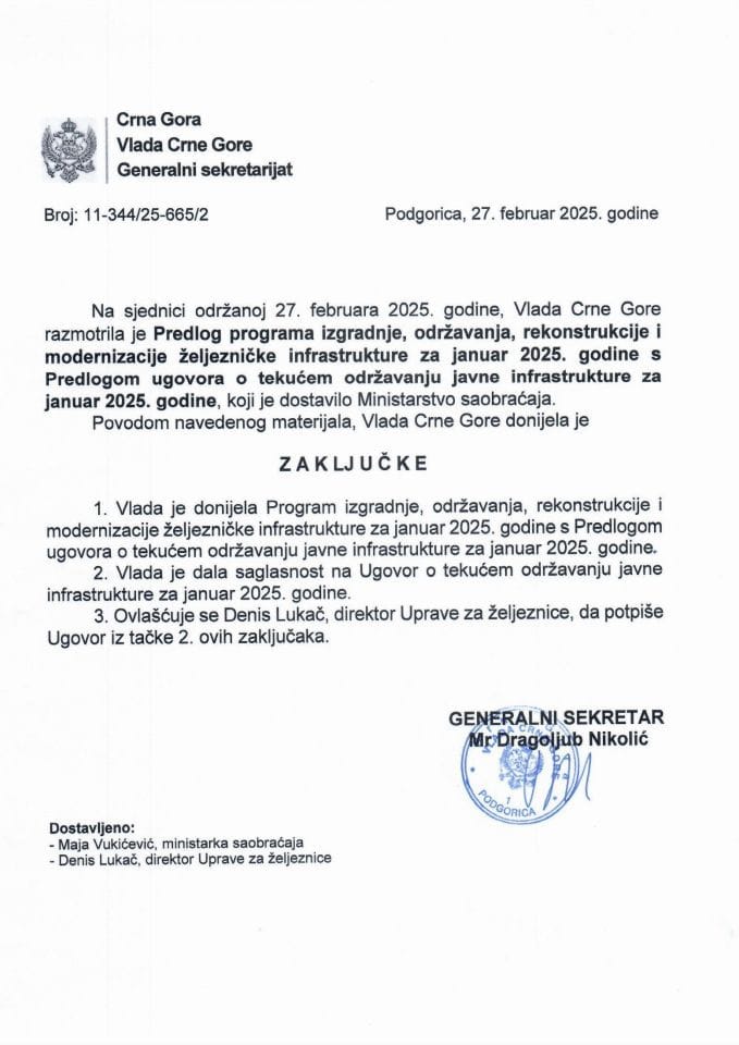 Predlog programa izgradnje, održavanja, rekonstrukcije i modernizacije željezničke infrastrukture za januar 2025. godine s Predlogom ugovora o tekućem održavanju javne infrastrukture za januar 2025. godine - zaključci