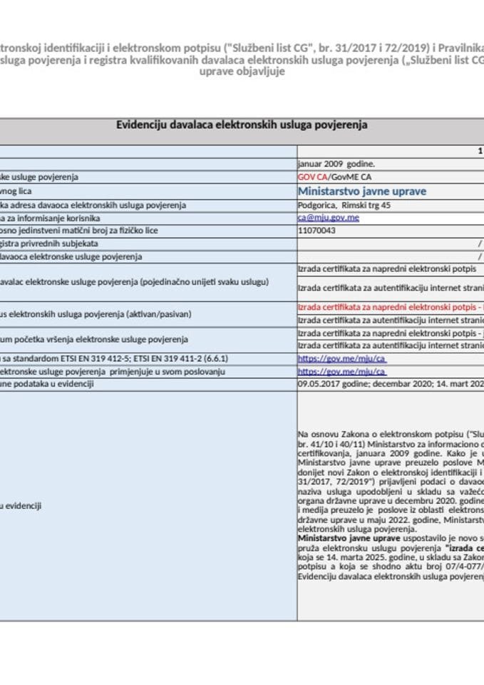 Evidencija davalaca elektronskih usluga povjerenja