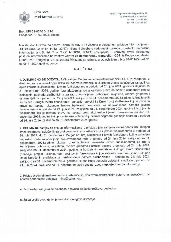 Rješenje - Slobodan pristup informacijama - UPI 01-037-25-121-2 - Centar za demokratsku tranziciju