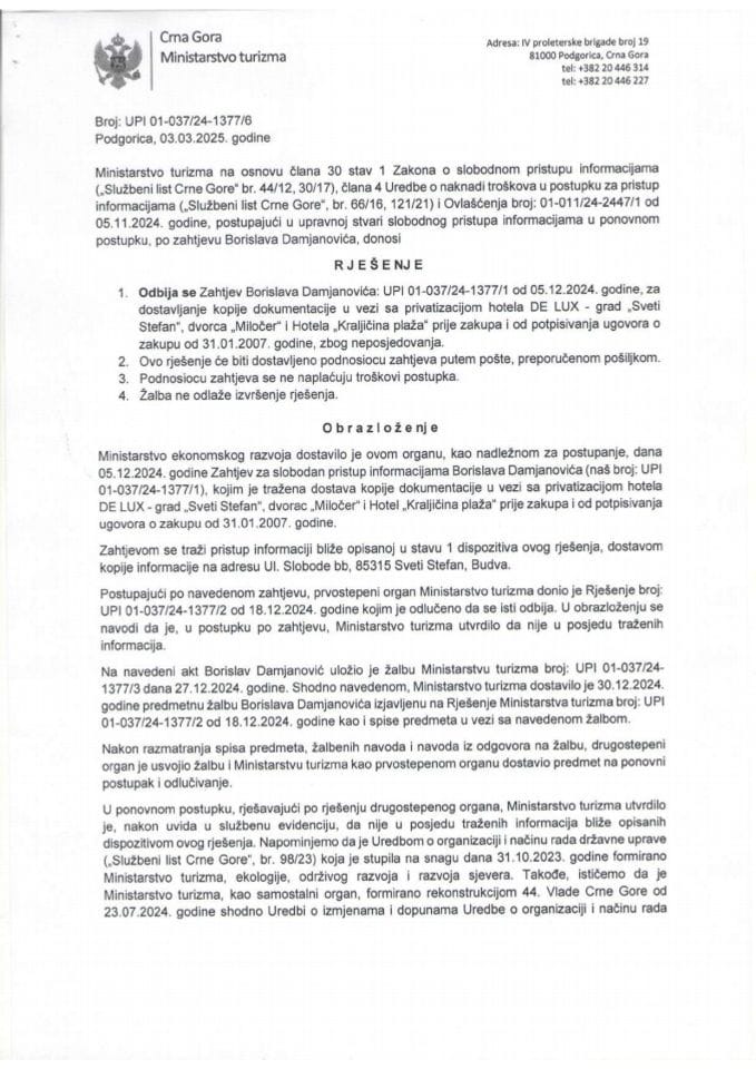 Rješenje - Slobodan pristup informacijama - UPI 01-037-24-1377-6 - Borislav Damjanović