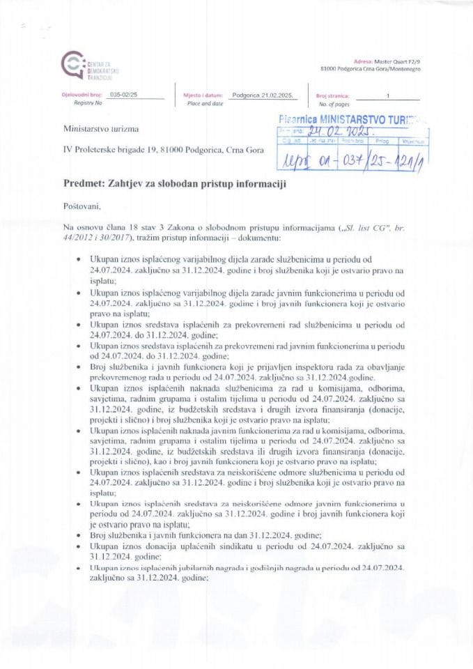 Zahtjev - Slobodan pristup informacijama - UPI 01-037-25-121-1 - Centar za demokratsku tranziciju