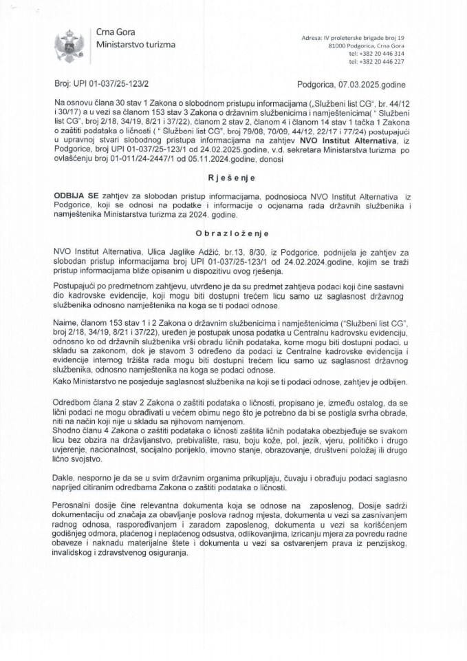 Rješenje - Slobodan pristup informacijama - UPI 01-037-25-123-2 - Institut alternativa