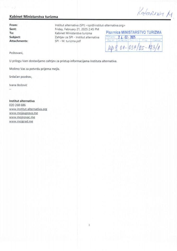 Zahtjev - Slobodan pristup informacijama - UPI 01-037-25-123-1 - Institut alternativa