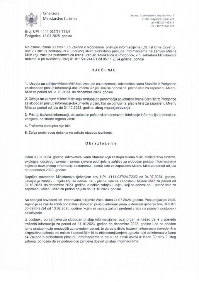 Rješenje - Slobodan pristup informacijama - UPI 1111-037-24-723-4 - Ivana Stanišić