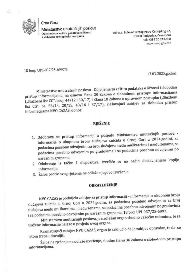 Rješenje br. 18-UPI-037/25-6997/3