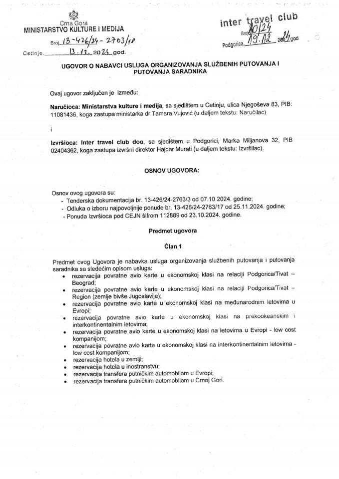 Ugovor o nabavci usluga organizovanja službenih putovanja i putovanja saradnika