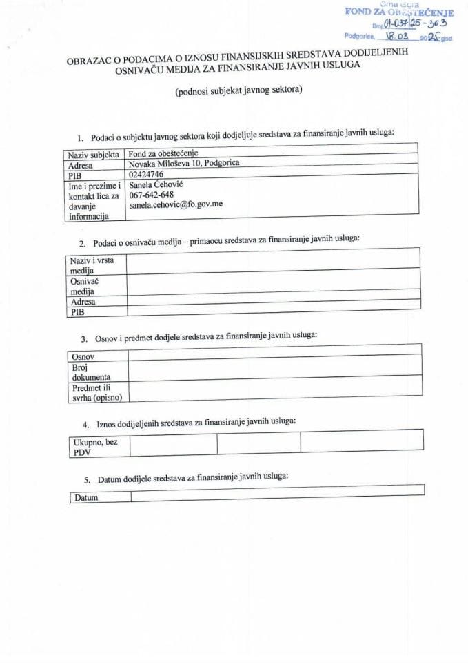 Obrazac o podacima o iznosu finansijskih sredstava dodijeljenih osnivaču medija za finansiranje javnih usluga za 2024.