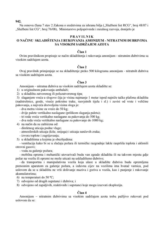 Pravilnik o načinu skladištenja i rukovanja amonijum - nitratnim đubrivima sa visokim sadržajem azota Službeni list Crne Gore, broj 45 2015 od 12.08.2015.