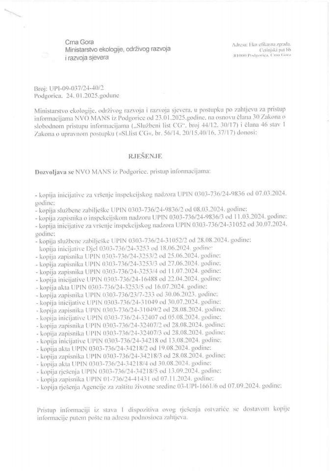 Рјешења - Слободан приступ информацијама - По захтјеву НВО МАНС, Број:УПИ-09-037/24-40/1 од 23.01.2025.година, Рјешење Министарства Број: УПИ- 09-744/24-40/2 од 24.01.2025. година