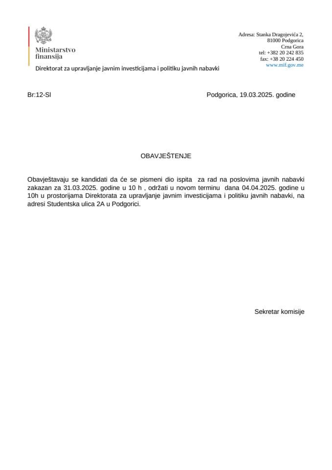 Obavjestenje o promjeni termina polaganja strucnog ispita