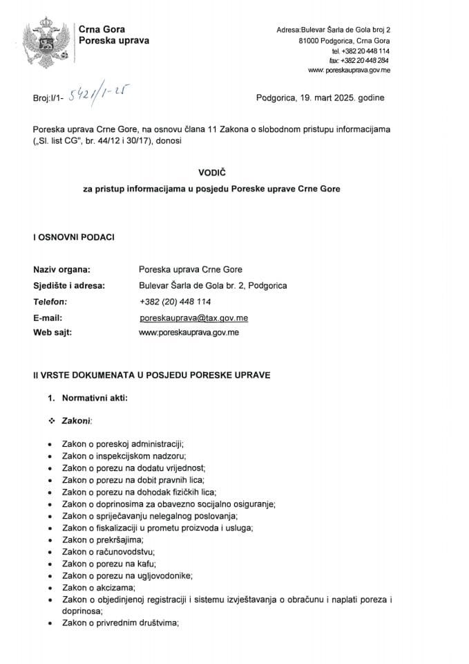 Vodič za pristup informacijama Poreske uprave