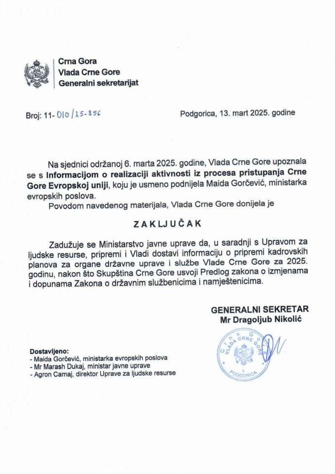 Usmena informacija o realizaciji aktivnosti iz procesa pristupanja Crne Gore Evropskoj uniji - Zaključci