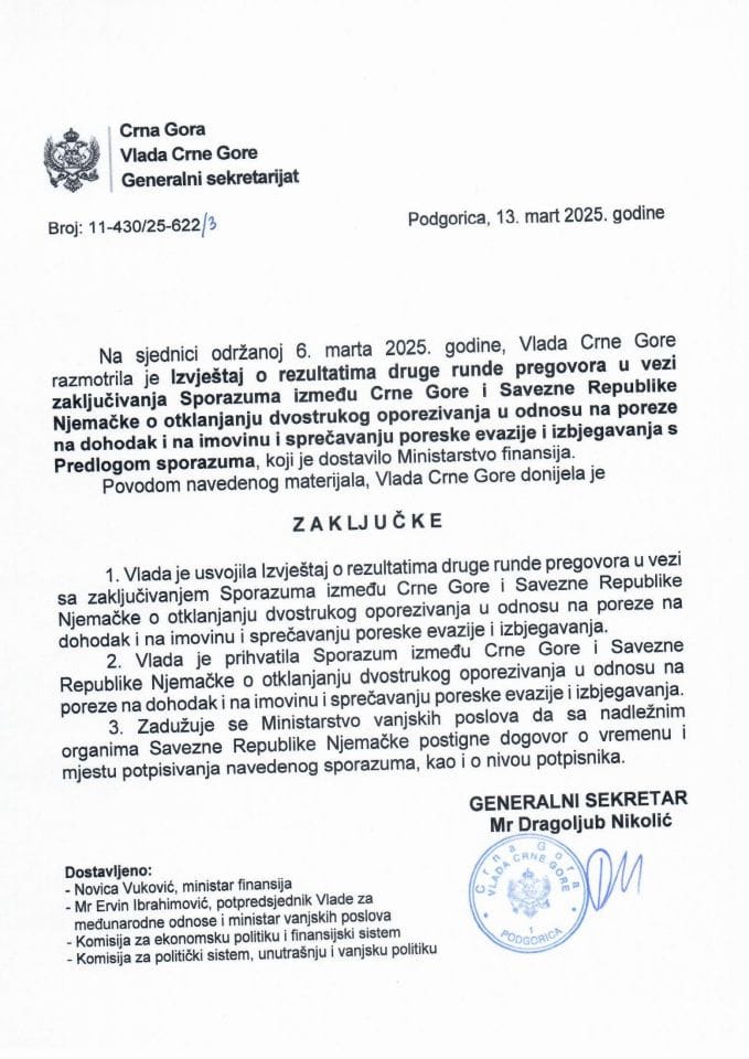 Izvještaj o rezultatima druge runde pregovora u vezi zaključivanja Sporazuma između Crne Gore i SR Njemačke o otklanjanju dvostrukog oporezivanja u odnosu na poreze na dohodak i na imovinu i sprečavanju poreske evazije i izbjegavanja - zaključci