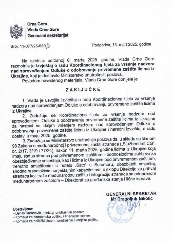 Извјештај о раду Координационог тијела за вршење надзора над спровођењем Одлуке о одобравању привремене заштите лицима из Украјине - закључци