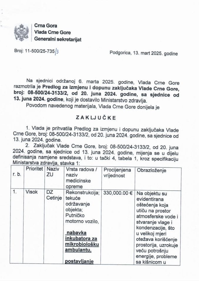 Предлог за измјену и допуну закључака Владе Црне Горе, број: 08-500/24-3133/2 од 20. јуна 2024. године, са сједнице од 13. јуна 2024. године - закљкучци