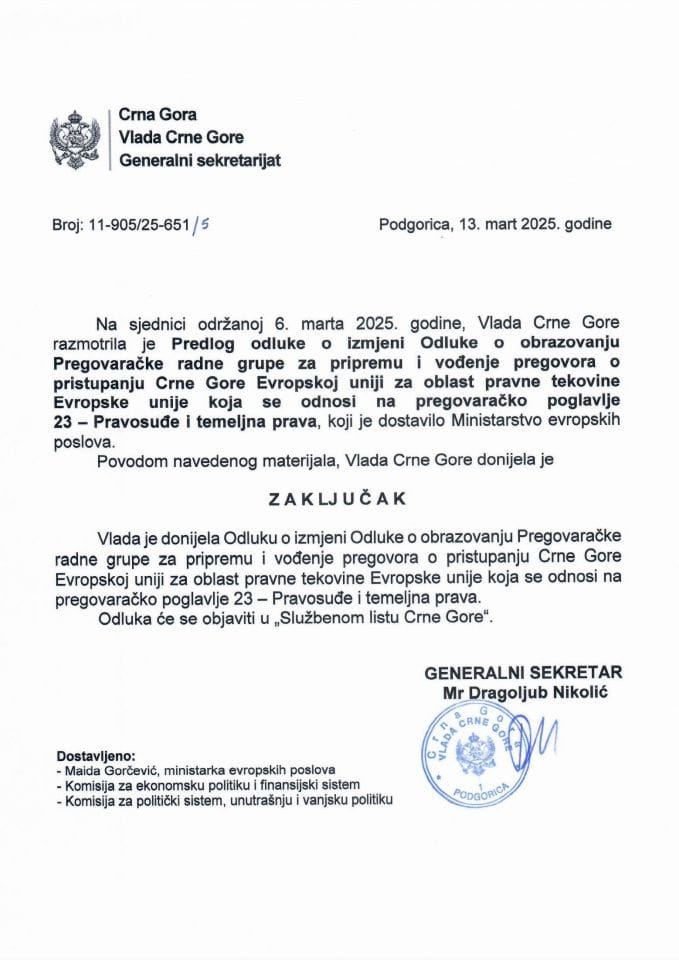 Predlog odluke o izmjeni Odluke o obrazovanju Pregovaračke radne grupe za pripremu i vođenje pregovora o pristupanju Crne Gore EU za oblast pravne tekovine EU koja se odnosi na pregovaračko poglavlje 23 - Pravosuđe i temeljna prava - Zaključci