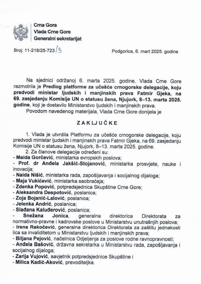 Предлог платформе за учешће црногорске делегације коју предводи министар људских и мањинских права Fatmir Gjeka на 69. засједању Комисије УН-а о статусу жена, Њујорк, 8-13. март 2025. године - закључци