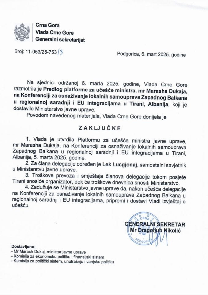 Предлог платформе за учешће министра мр Marasha Dukaja на Конференцији за оснаживање локалних самоуправа Западног Балкана у регионалној сарадњи и ЕУ интеграцијама, у Тирани, Албанија - закључци