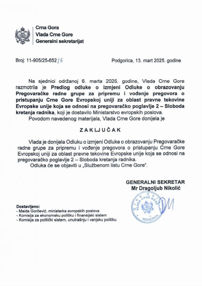 Predlog odluke o izmjeni Odluke o obrazovanju Pregovaračke radne grupe za pripremu i vođenje pregovora o pristupanju Crne Gore Evropskoj uniji za oblast pravne tekovine Evropske unije koja se odnosi na pregovaračko poglavlje 2 - Zaključci