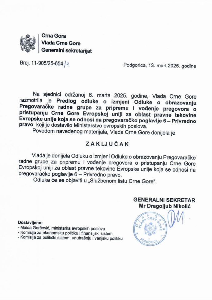Predlog odluke o izmjeni Odluke o obrazovanju Pregovaračke radne grupe za pripremu i vođenje pregovora o pristupanju Crne Gore EU za oblast pravne tekovine Evropske unije koja se odnosi na pregovaračko poglavlje 6 - Zaključci