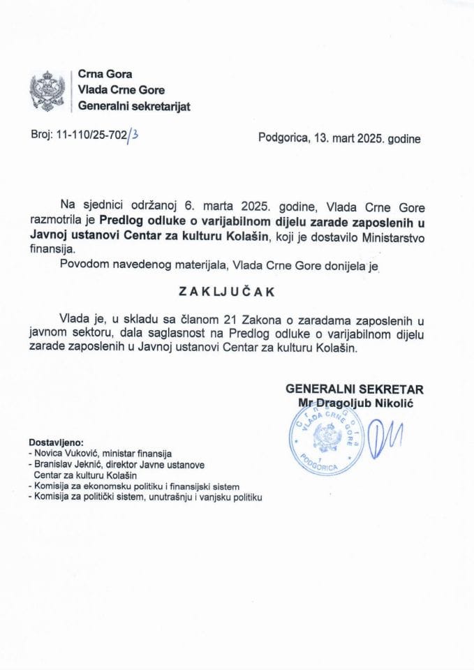 Predlog odluke o varijabilnom dijelu zarade zaposlenih u Javnoj ustanovi Centar za kulturu Kolašin - zaključci