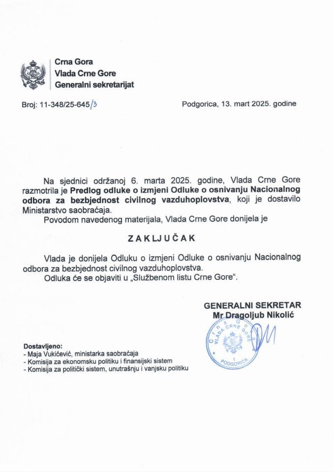 Predlog odluke o izmjeni Odluke o osnivanju Nacionalnog odbora za bezbjednost civilnog vazduhoplovstva -Zaključci