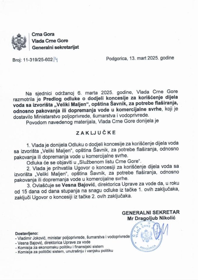 Предлог одлуке о додјели концесије за коришћење дијела вода са изворишта „Велики Маљен“, општина Шавник, за потребе флаширања, односно паковања или допремања воде у комерцијалне сврхе с Предлогом уговора о концесији -Закључци
