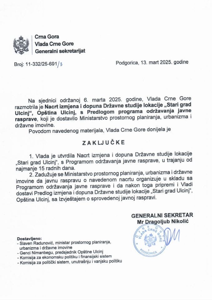 Нацрт измјена и допуна Државне студије локације „Стари град Улцињ“, Општина Улцињ с Предлогом програма одржавања јавне расправе -Закључци