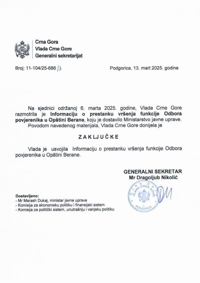 Informacija o prestanku vršenja funkcije Odbora povjerenika u Opštini Berane -Zaključci