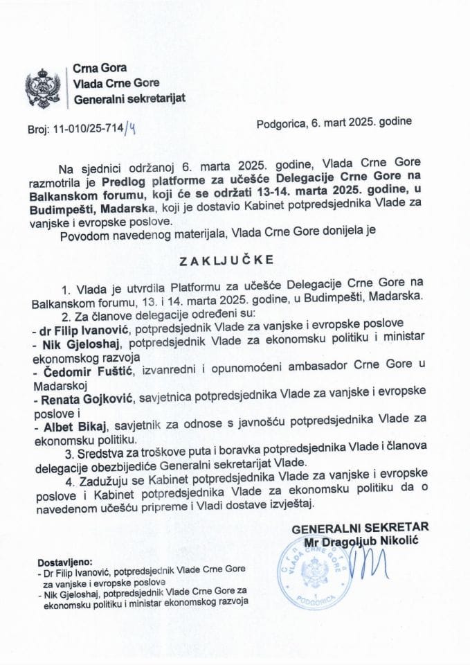 Predlog platforme za učešće potpredsjednika Vlade za vanjske i evropske poslove dr Filipa Ivanovića na Budapest Balkans Forum-u u Budimpešti, Mađarska, 13. i 14. mart 2025. godine - zaključci