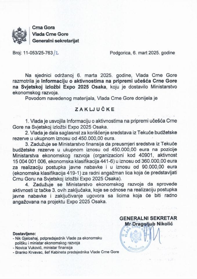 Informacija o aktivnostima na pripremi učešća Crne Gore na Svjetskoj izložbi Expo 2025 Osaka - zaključci