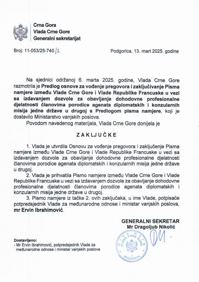 Predlog osnove za vođenje pregovora i zaključivanje Pisma namjere između Vlade Crne Gore i Vlade Republike Francuske u vezi sa izdavanjem dozvole za obavljanje dohodovne profesionalne djelatnosti članovima porodice - zaključci