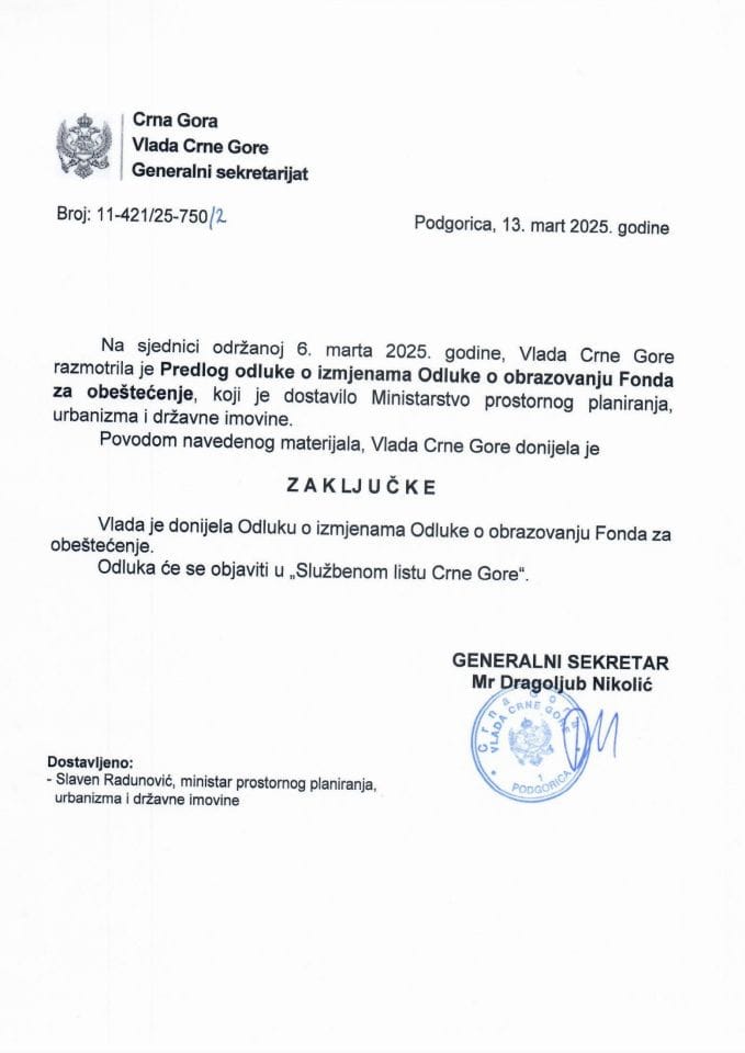 Predlog odluke o izmjenama Odluke o obrazovanju Fonda za obeštećenje - zaključci