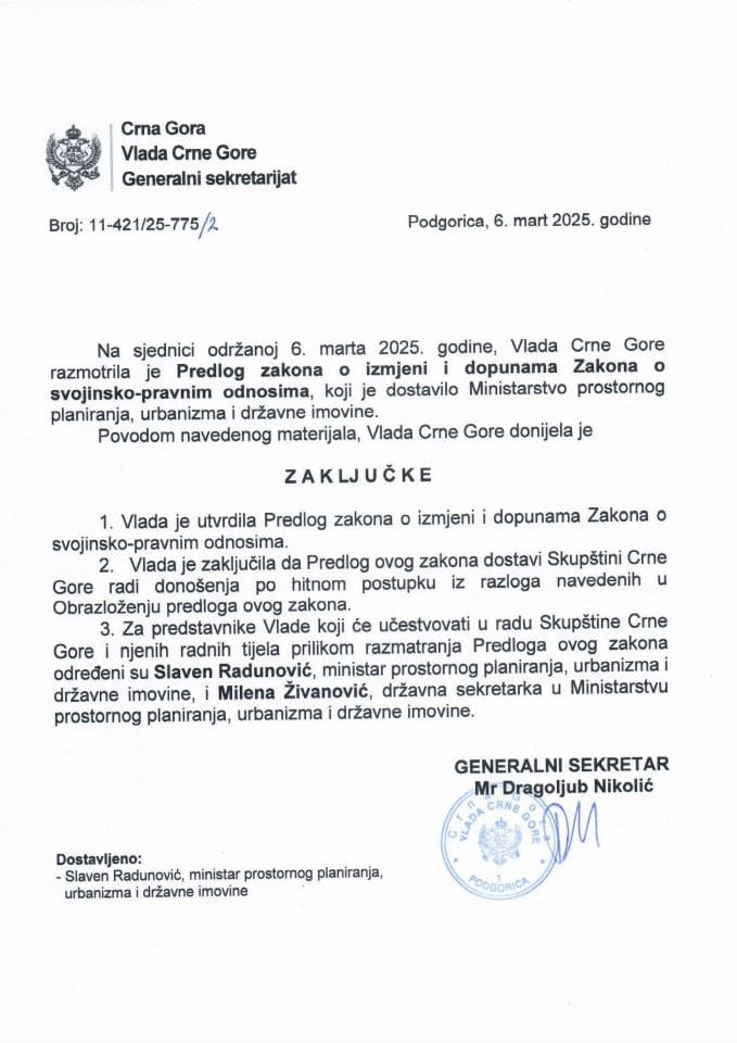 Predlog zakona o izmjeni i dopunama Zakona o svojinsko-pravnim odnosima - zaključci