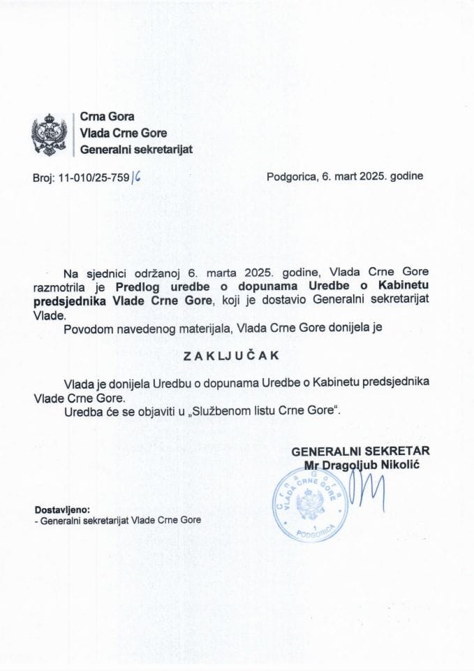 Predlog uredbe o dopunama Uredbe o Kabinetu predsjednika Vlade Crne Gore - zaključci