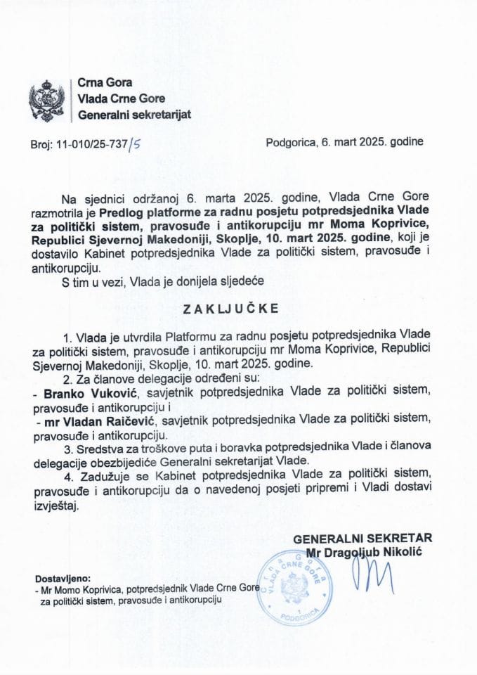 Predlog platforme za radnu posjetu potpredsjednika Vlade za politički sistem, pravosuđe i antikorupciju mr Moma Koprivice, Republici Sjevernoj Makedoniji, Skoplje, 10. mart 2025. godine - zaključci